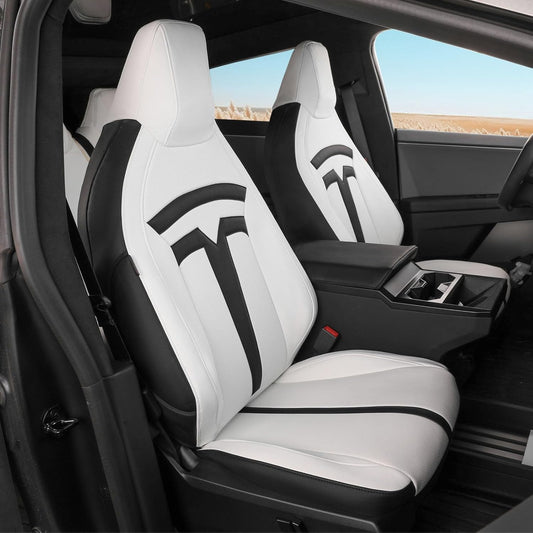 Custom Fit Cybertruck Car Seat Covers for Select Trucks Tesla 2024 2025 Cybertruck Seat Protectors - Full Set, Leather(Black/White)