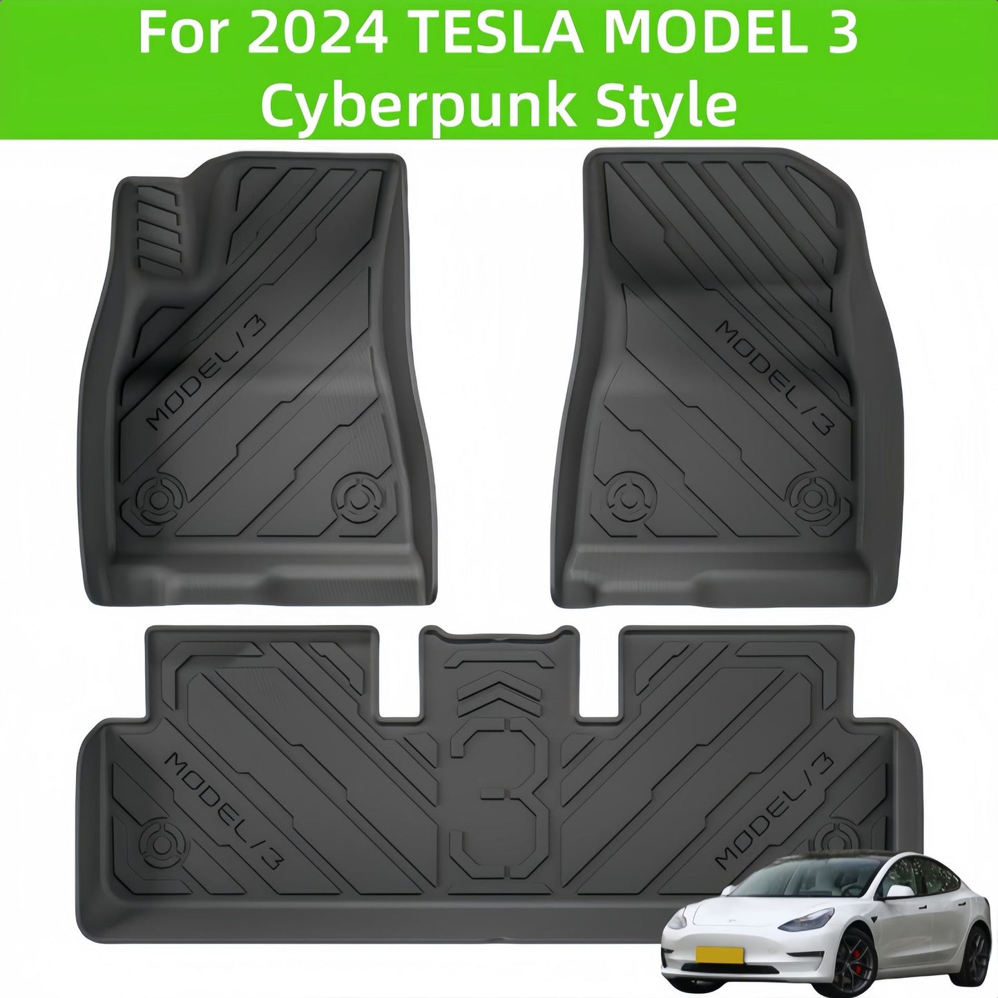 For 2024 Tesla MODEL 3 Cyberpunk Style TPE Car Floor Mat/Trunk Mat